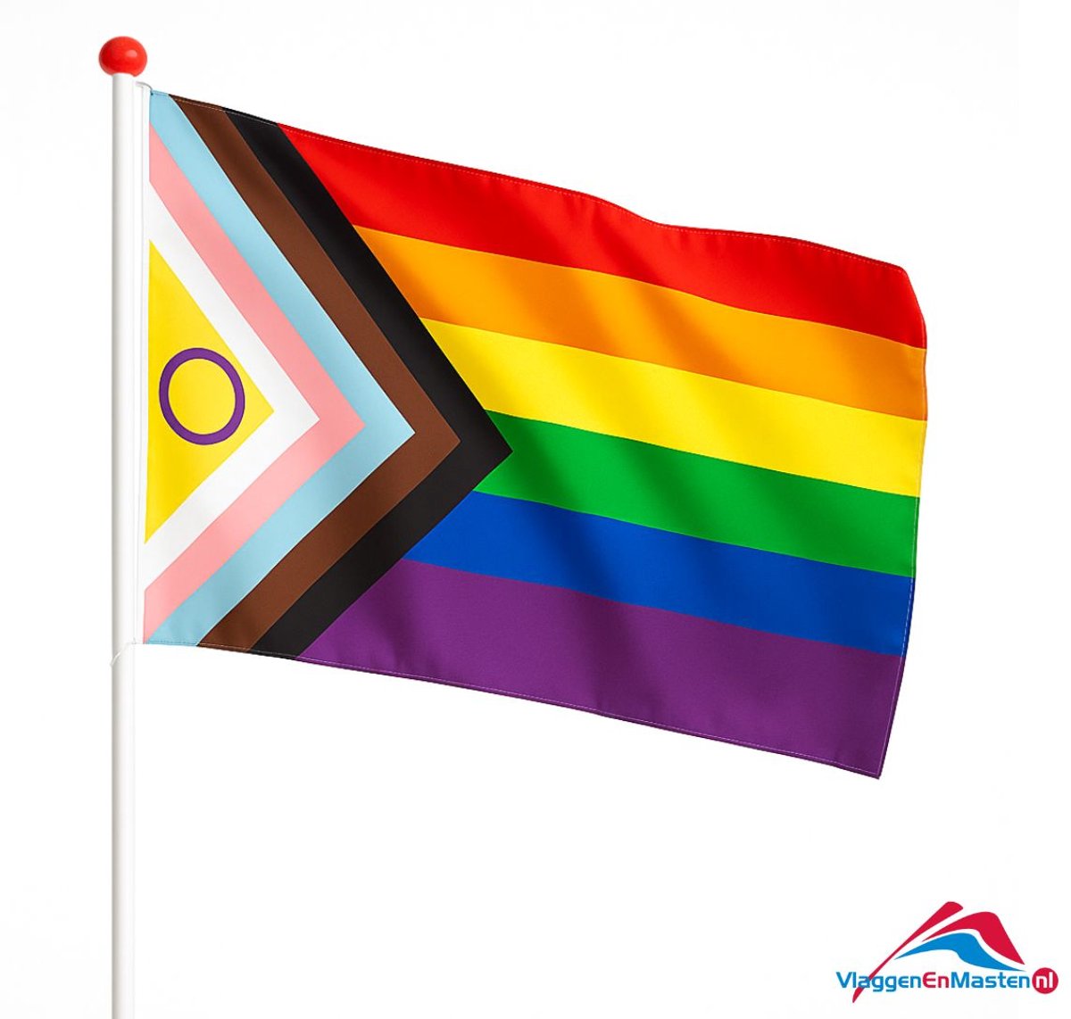 Progress Intersekse Vlag | LGBTQIA+ | gevelvlag Pride regenboog vlag | afm. 100x150 cm, polyester, geschikt voor vlaggenstok | VlaggenEnMasten.nl